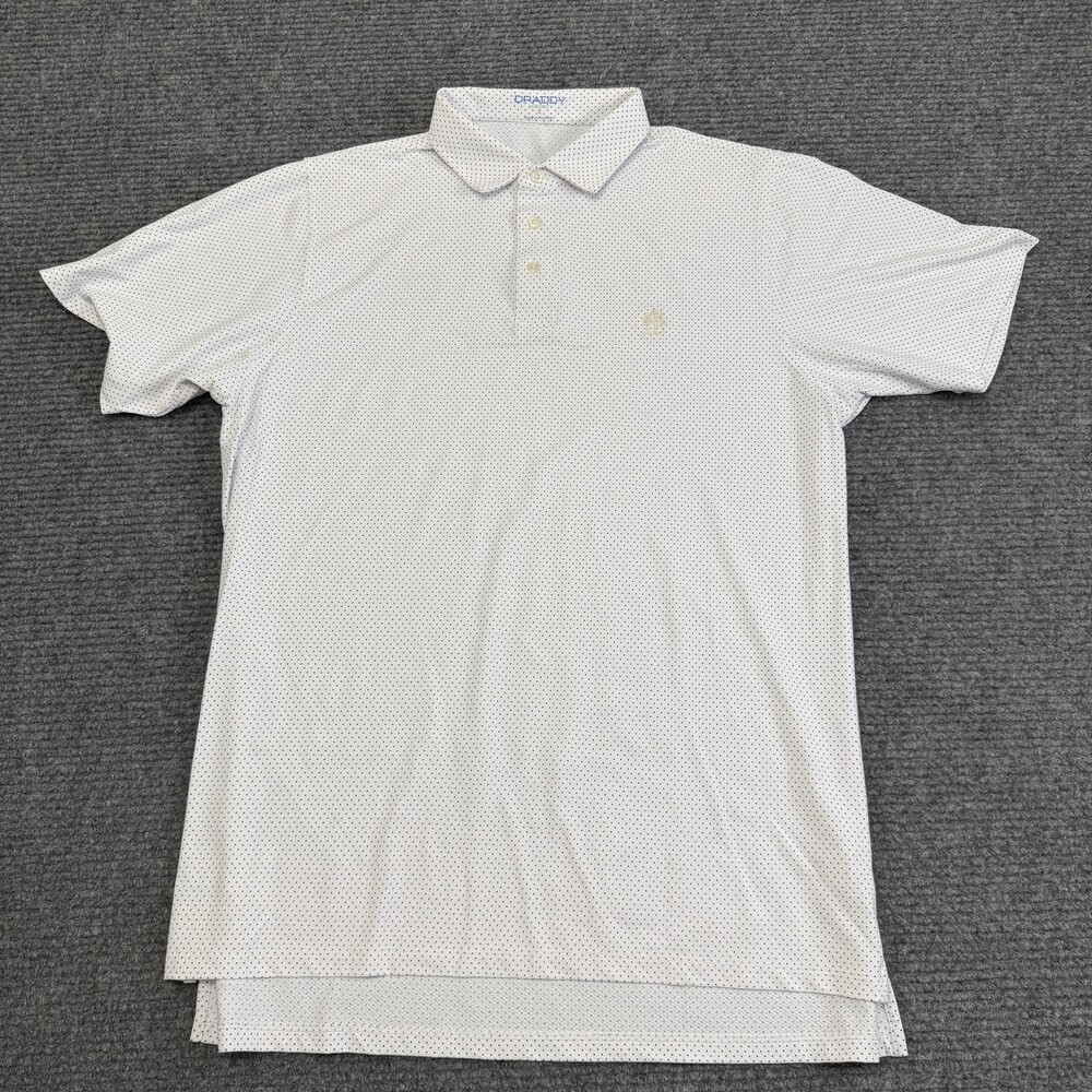 Draddy Sport Polo Shirt Mens Large White Polka Dot Golf Performance Stretch Logo